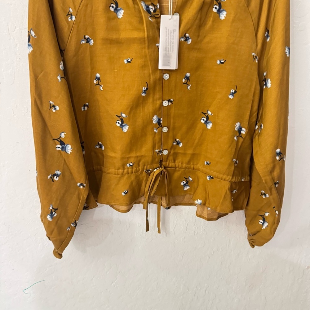 Outerknown Poet Blouse Mustard V Neck Button Waist Tie Floral Blouse S - Picture 6 of 7